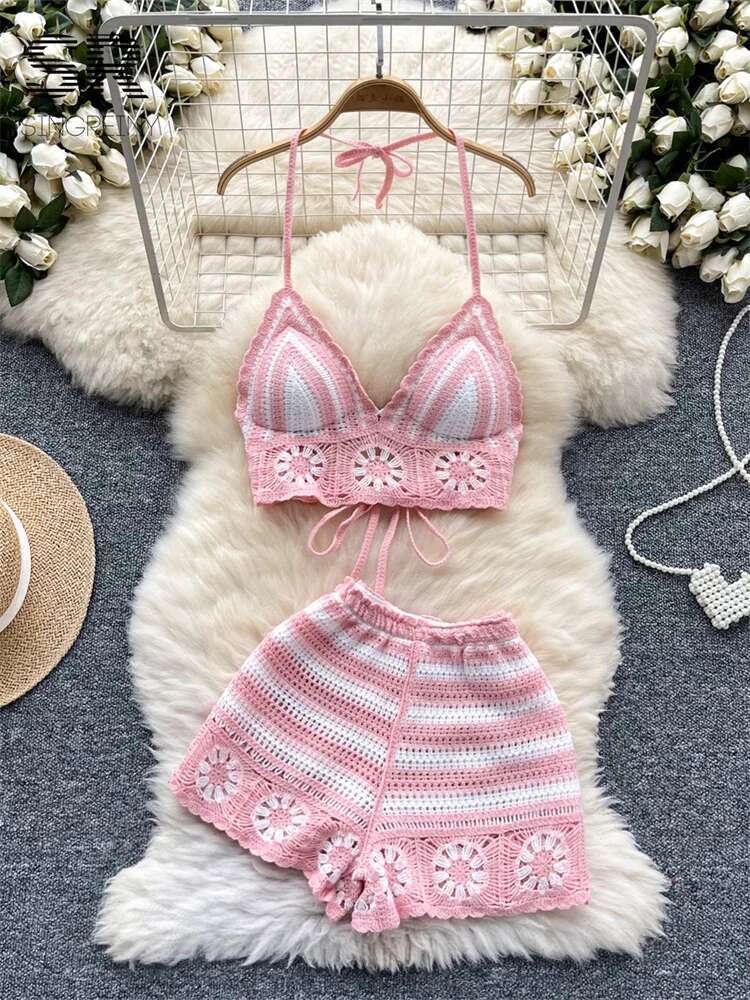 Beach Vacation Knit 2pcs Suits - đánh giá và giá Cami Top Lace
